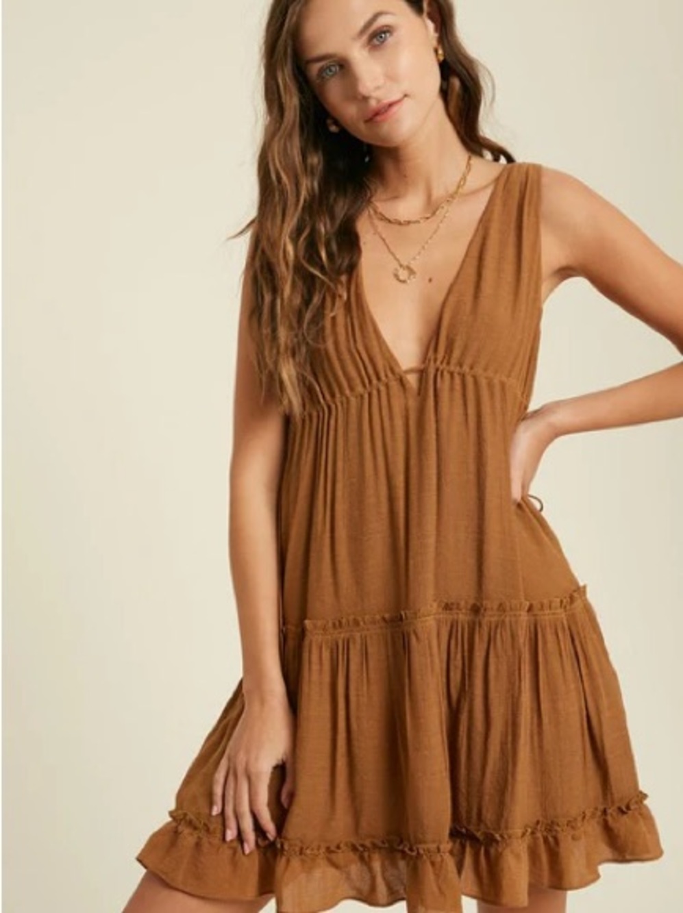 Wishlist Apparel Brown Tiered V-Neck Ruffle Trim Mini Dress